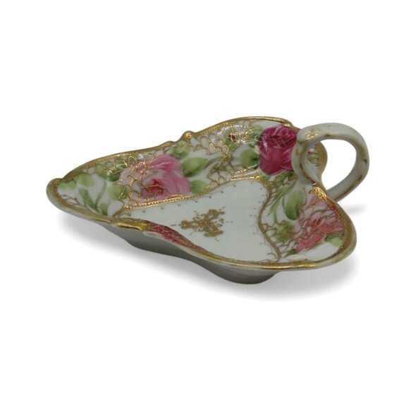 NIPPON Heart Shaped Dish Porcelain Trinket with Rose & Gold Moriage, Vintage - Picture 7 of 12